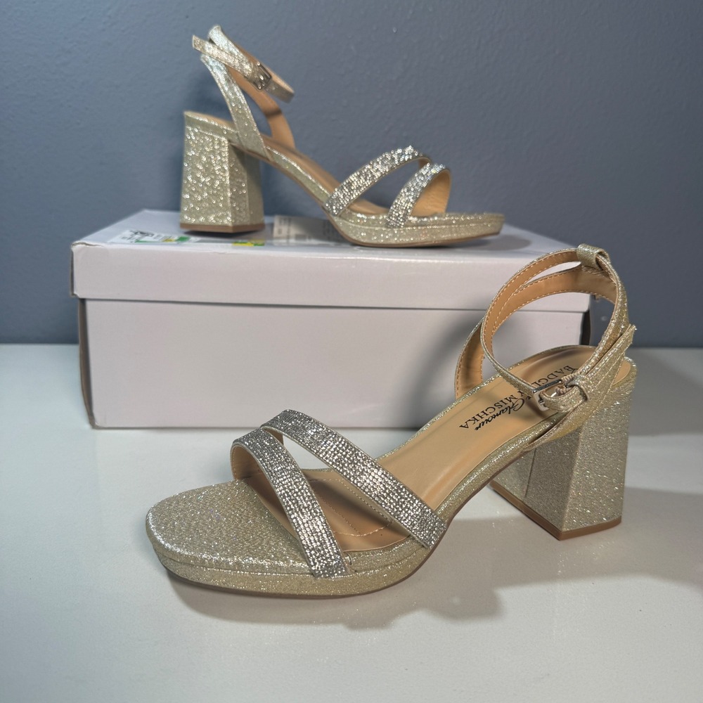 American Glamour Badgley Mischka Sandals Womens 5.5 Gold Excellent Glitter Heel